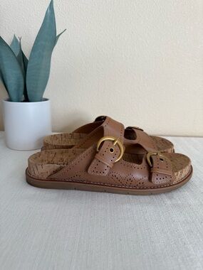 EARTH Franch Tan Perforated Leather Dual Buckle Cork Slide Sandals